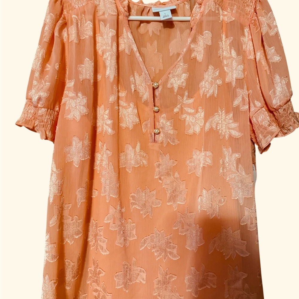 Liz Claiborne Peach Floral Embroidered Peasant Top